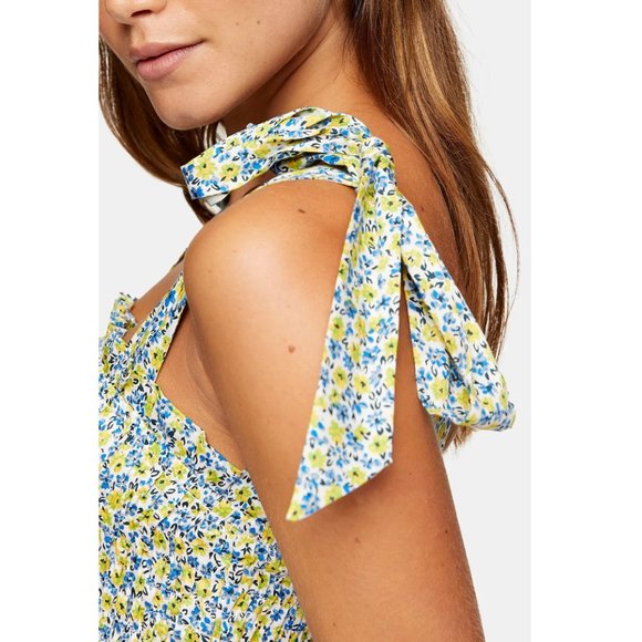Floral Print Shirred Tank with Shoulder Ties - Picture 2 of 6